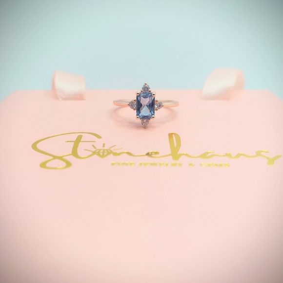 14K Rose Gold Plated Blue Spinel Emerald Cut Ring - Picture 3 of 4